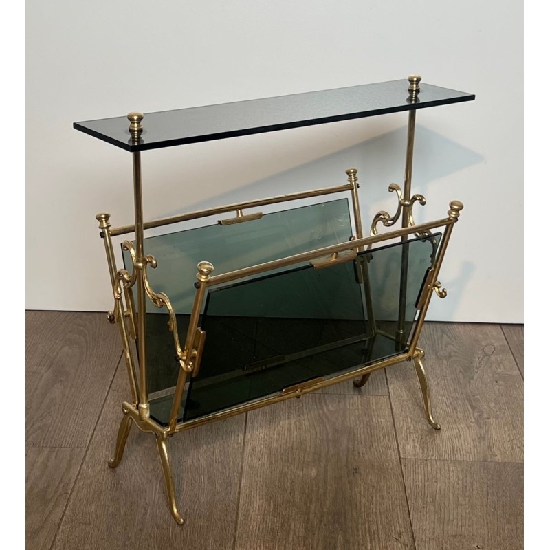 Magazine Rack in Brass and Blue-Tinted Glass, Art Déco, French, 1940