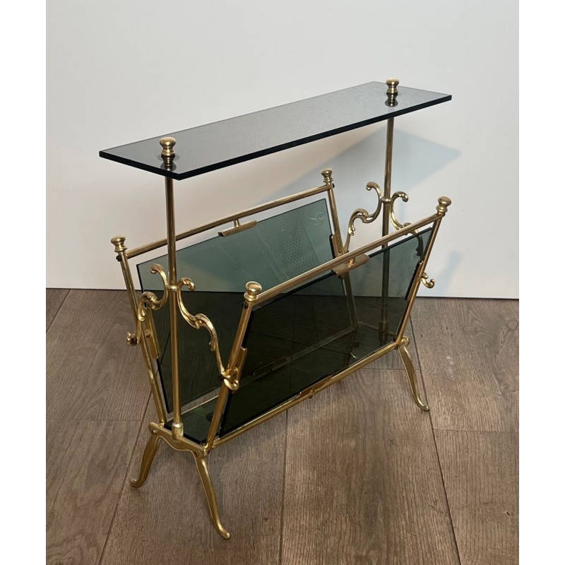 Porte-Revues Laiton et Verre Bleuté, Art Déco, France, 1940