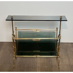 Magazine Rack in Brass and Blue-Tinted Glass, Art Déco, French, 1940
