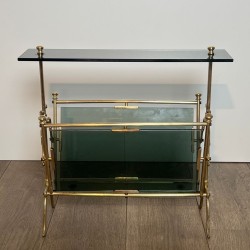 Porte-Revues Laiton et Verre Bleuté, Art Déco, France, 1940