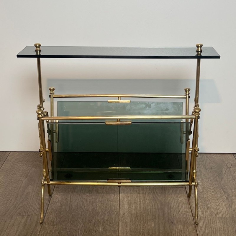 Porte-Revues Laiton et Verre Bleuté, Art Déco, France, 1940