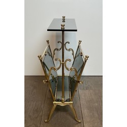 Porte-Revues Laiton et Verre Bleuté, Art Déco, France, 1940