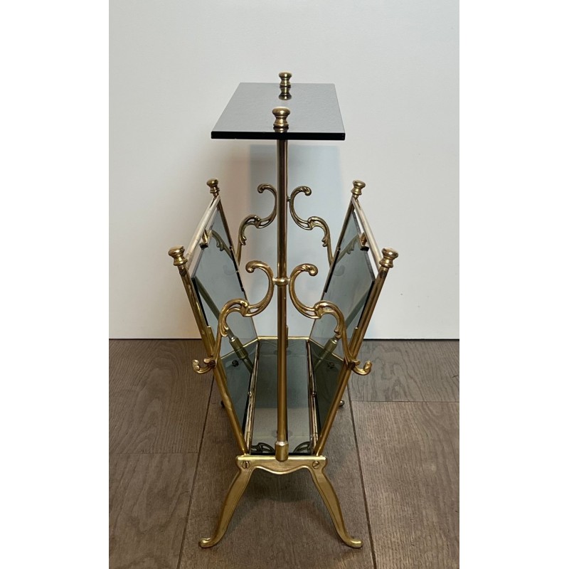 Porte-Revues Laiton et Verre Bleuté, Art Déco, France, 1940