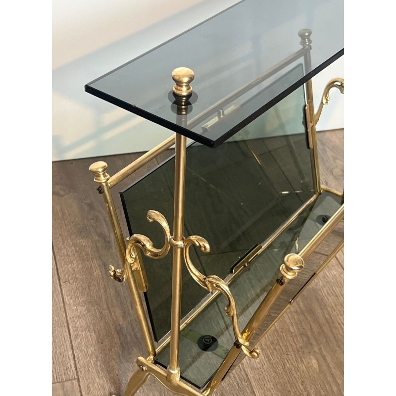 Magazine Rack in Brass and Blue-Tinted Glass, Art Déco, French, 1940