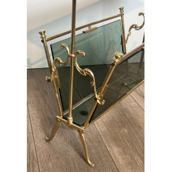 Magazine Rack in Brass and Blue-Tinted Glass, Art Déco, French, 1940