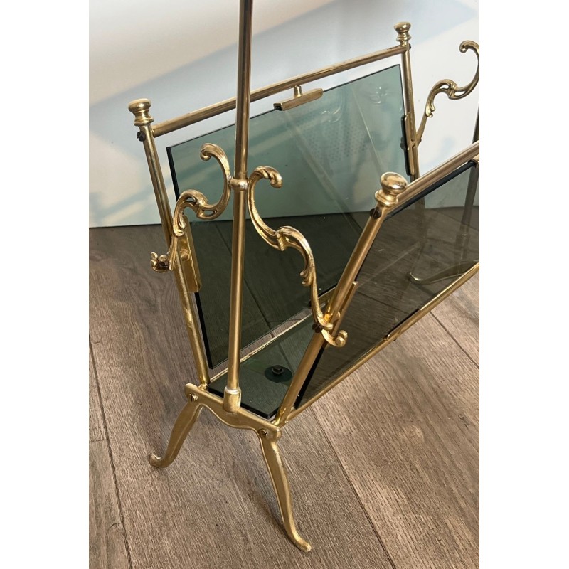 Porte-Revues Laiton et Verre Bleuté, Art Déco, France, 1940
