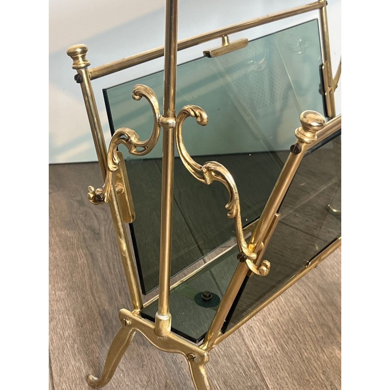 Magazine Rack in Brass and Blue-Tinted Glass, Art Déco, French, 1940