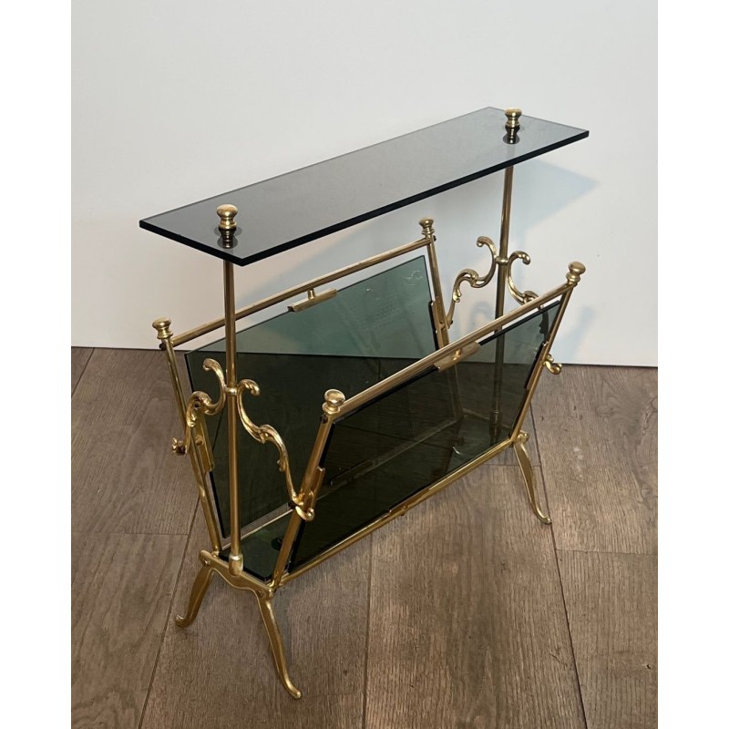 Porte-Revues Laiton et Verre Bleuté, Art Déco, France, 1940