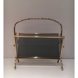 Brass Faux-Bamboo Magazine Rack with Tinted Glass, Maison Baguès, c. 1940