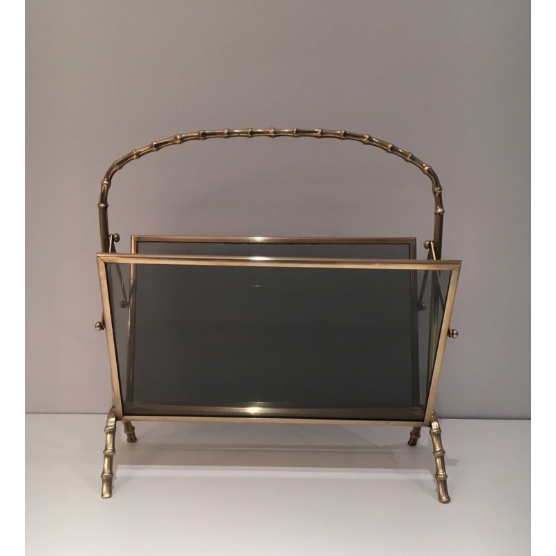 Brass Faux-Bamboo Magazine Rack with Tinted Glass, Maison Baguès, c. 1940