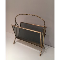 Brass Faux-Bamboo Magazine Rack with Tinted Glass, Maison Baguès, c. 1940