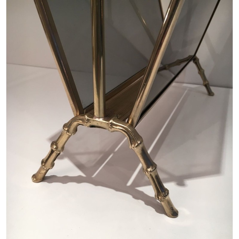 Brass Faux-Bamboo Magazine Rack with Tinted Glass, Maison Baguès, c. 1940
