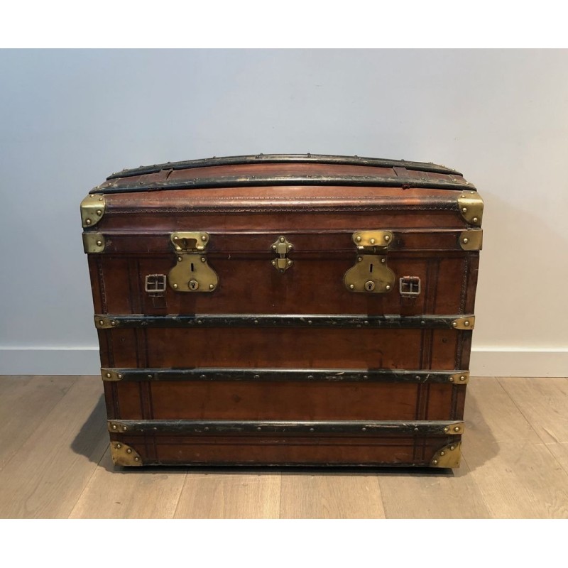 Malle de Voyage Bombée en Cuir, Bois et Laiton, France, v. 1900