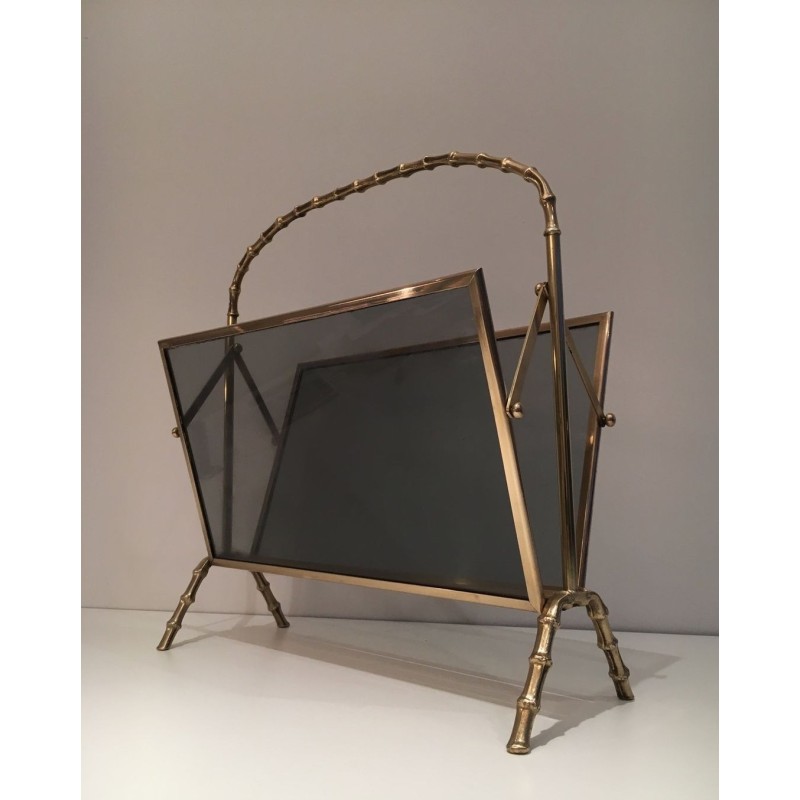 Brass Faux-Bamboo Magazine Rack with Tinted Glass, Maison Baguès, c. 1940