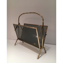 Brass Faux-Bamboo Magazine Rack with Tinted Glass, Maison Baguès, c. 1940