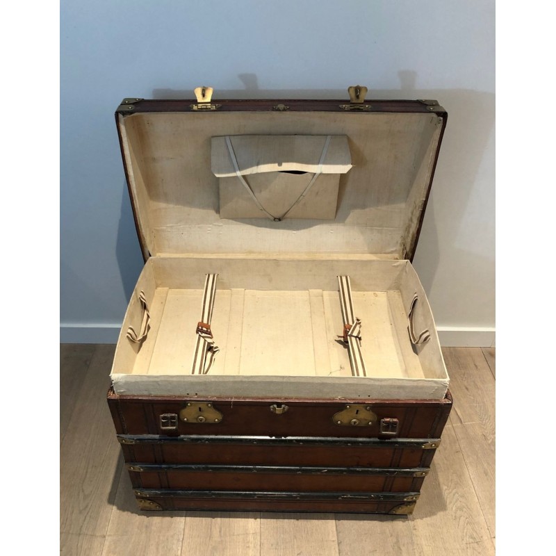 Domed Travel Trunk in Leather, Wood and Brass, French, c. 1900
