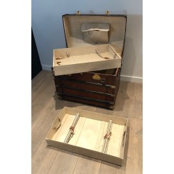 Malle de Voyage Bombée en Cuir, Bois et Laiton, France, v. 1900