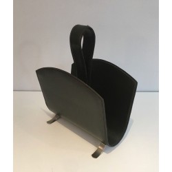 Porte-Revues Cuir Vert et Acier Brossé, Travail Français, v. 1950