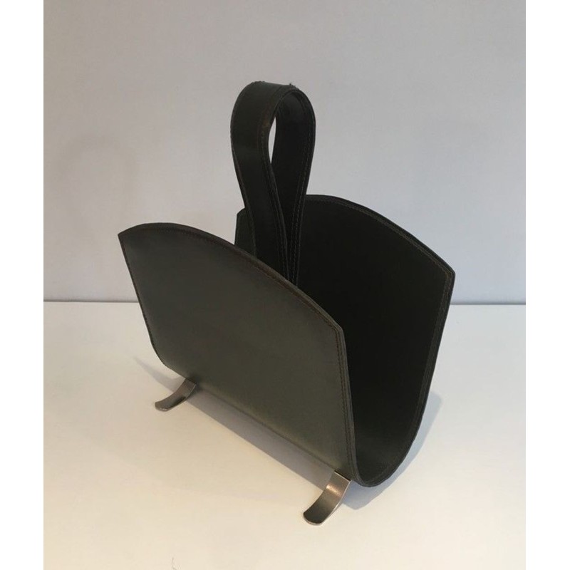 Porte-Revues Cuir Vert et Acier Brossé, Travail Français, v. 1950