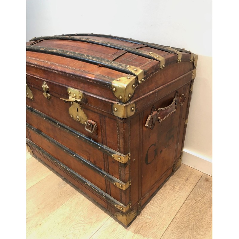 Malle de Voyage Bombée en Cuir, Bois et Laiton, France, v. 1900