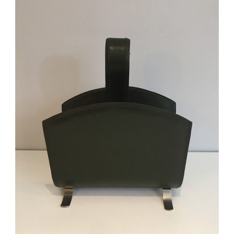 Porte-Revues Cuir Vert et Acier Brossé, Travail Français, v. 1950