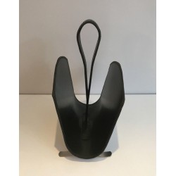 Magazine Rack in Green Leather and Brushed Steel, French, c. 1950