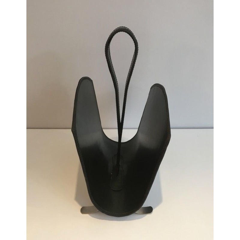 Porte-Revues Cuir Vert et Acier Brossé, Travail Français, v. 1950