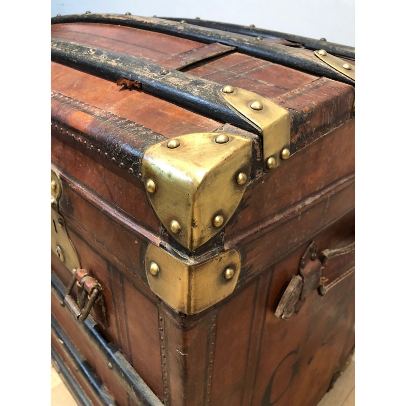 Domed Travel Trunk in Leather, Wood and Brass, French, c. 1900