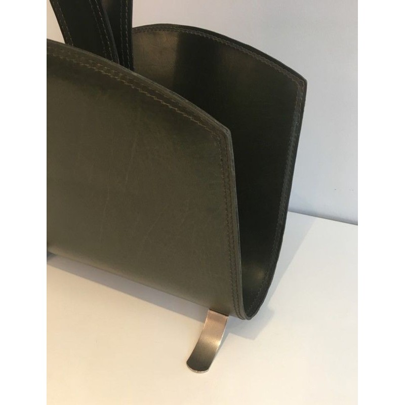 Porte-Revues Cuir Vert et Acier Brossé, Travail Français, v. 1950