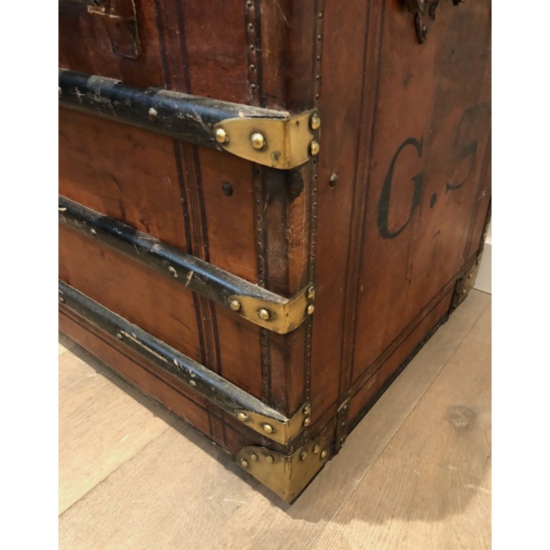 Malle de Voyage Bombée en Cuir, Bois et Laiton, France, v. 1900