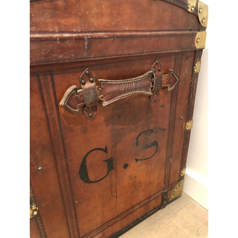 Malle de Voyage Bombée en Cuir, Bois et Laiton, France, v. 1900