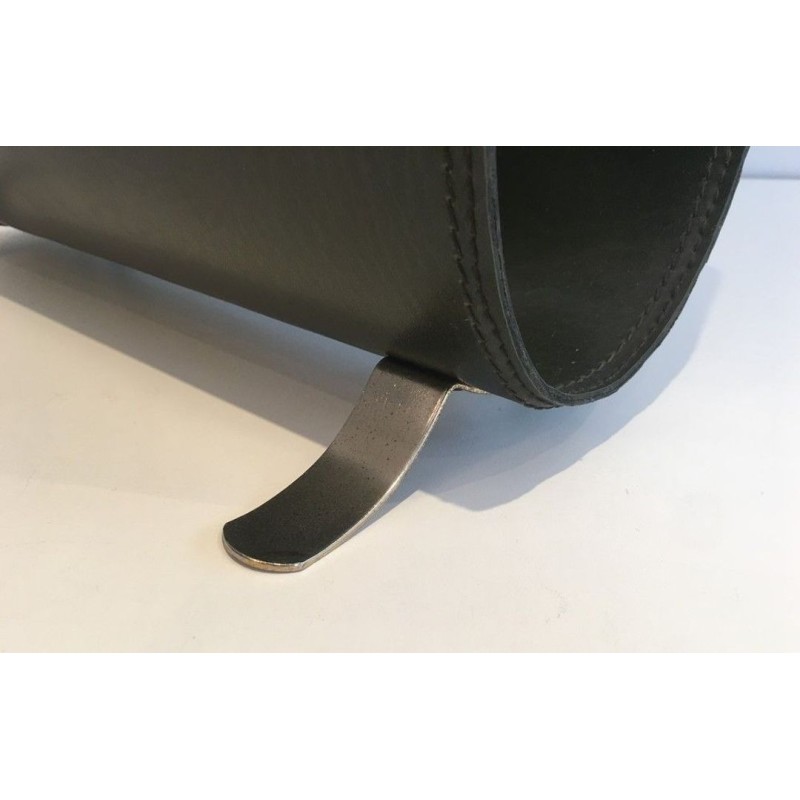 Magazine Rack in Green Leather and Brushed Steel, French, c. 1950