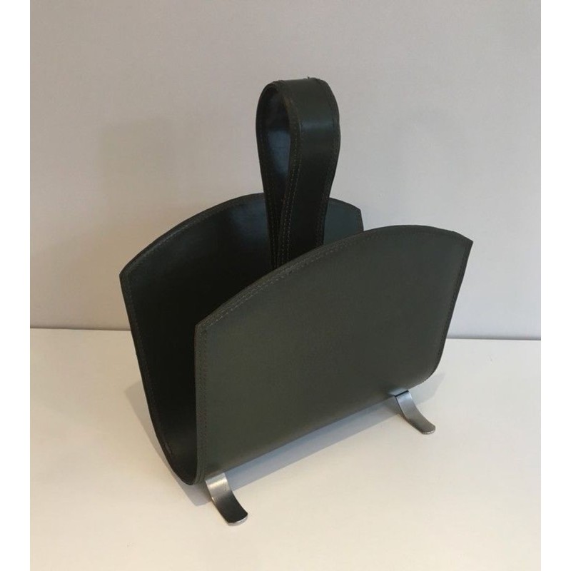 Porte-Revues Cuir Vert et Acier Brossé, Travail Français, v. 1950