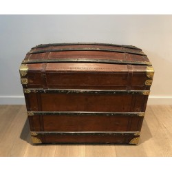 Malle de Voyage Bombée en Cuir, Bois et Laiton, France, v. 1900