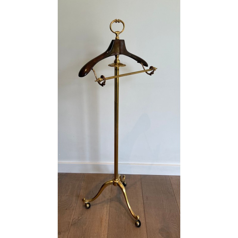 Neoclassical Valet Stand in Brass and Wood on Casters, French, c. 1940