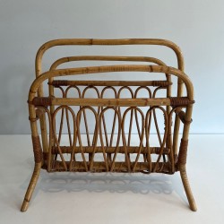 Rattan Magazine Rack, Mid-Century Modern, circa 1950