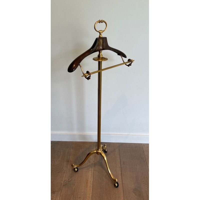 Neoclassical Valet Stand in Brass and Wood on Casters, French, c. 1940