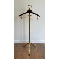 Neoclassical Valet Stand in Brass and Wood on Casters, French, c. 1940