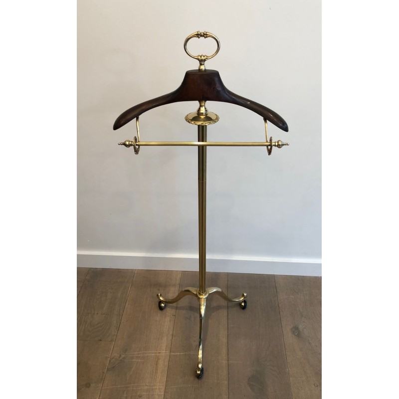 Neoclassical Valet Stand in Brass and Wood on Casters, French, c. 1940
