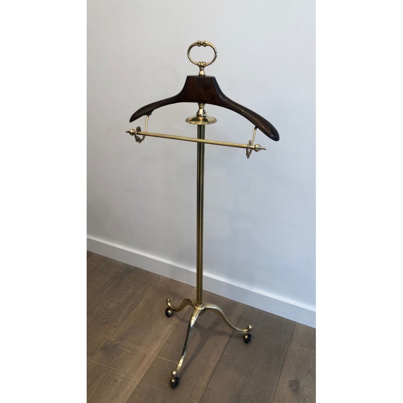 Neoclassical Valet Stand in Brass and Wood on Casters, French, c. 1940