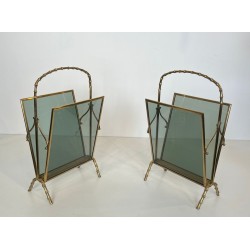 Paire Porte-Revues Faux-Bambou Bronze Verre Bleu, Maison Baguès, v. 1940