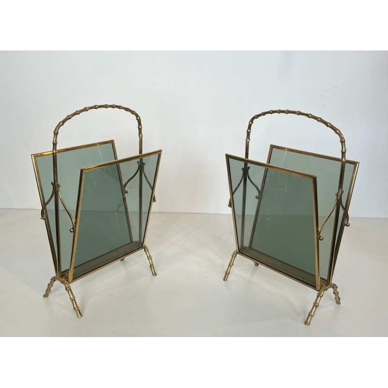Pair of Bronze Faux-Bamboo Magazine Racks, Blue Glass, Maison Baguès, c. 1940