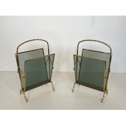 Paire Porte-Revues Faux-Bambou Bronze Verre Bleu, Maison Baguès, v. 1940