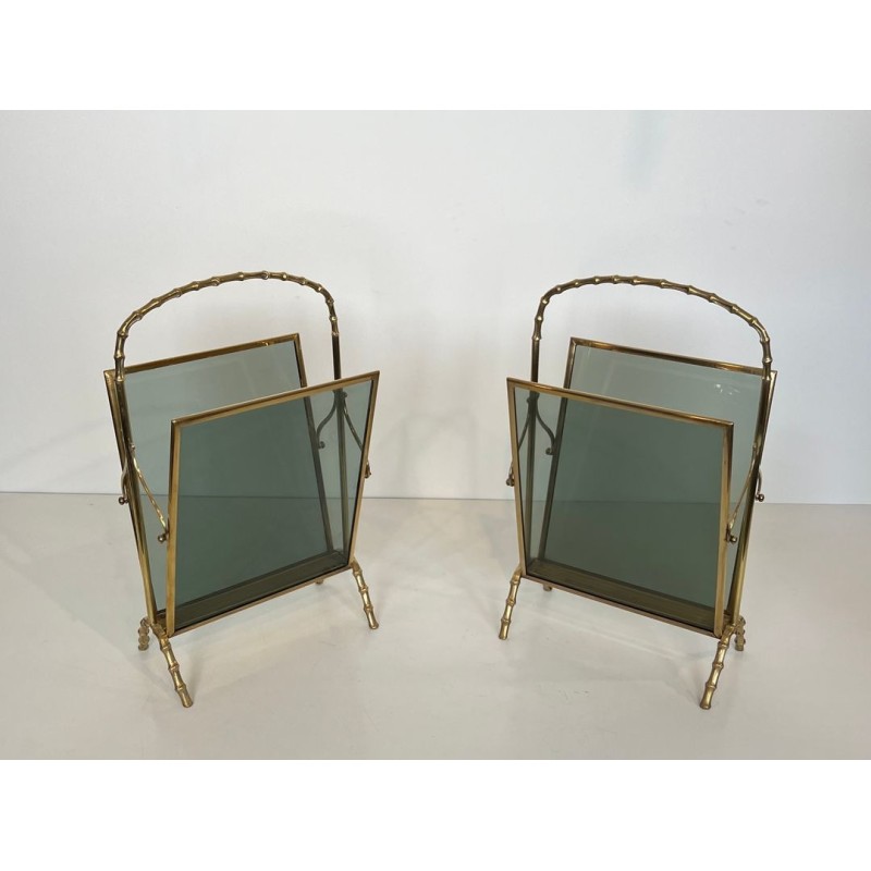 Pair of Bronze Faux-Bamboo Magazine Racks, Blue Glass, Maison Baguès, c. 1940