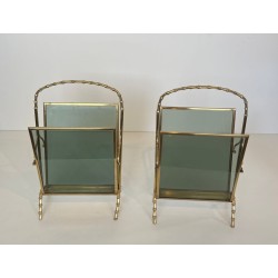 Pair of Bronze Faux-Bamboo Magazine Racks, Blue Glass, Maison Baguès, c. 1940