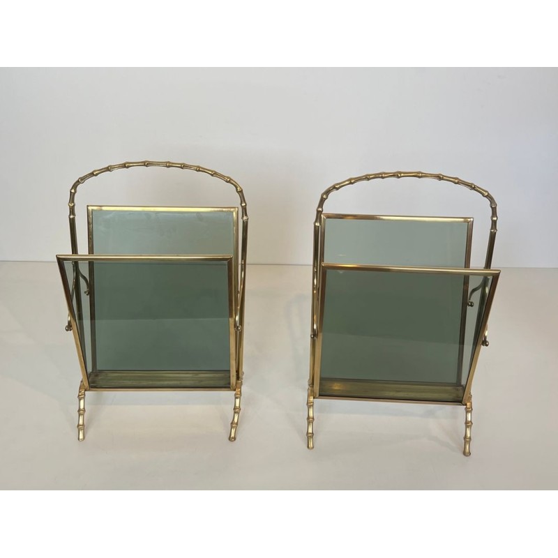 Pair of Bronze Faux-Bamboo Magazine Racks, Blue Glass, Maison Baguès, c. 1940