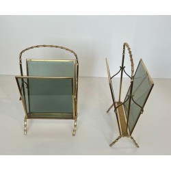 Paire Porte-Revues Faux-Bambou Bronze Verre Bleu, Maison Baguès, v. 1940