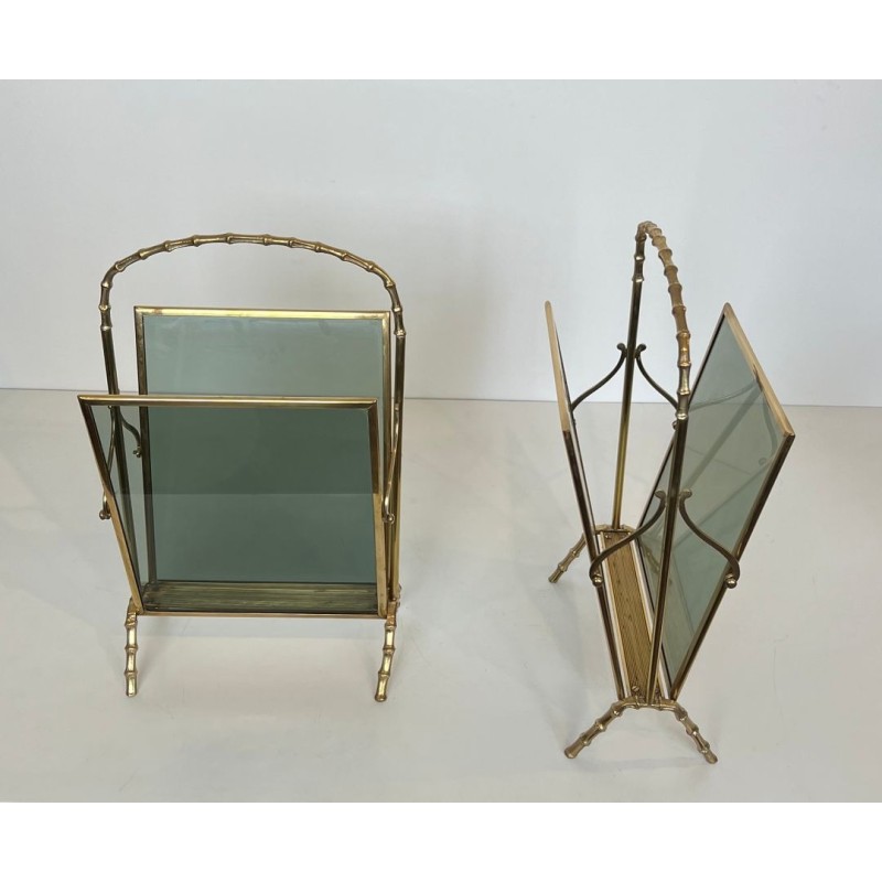 Paire Porte-Revues Faux-Bambou Bronze Verre Bleu, Maison Baguès, v. 1940