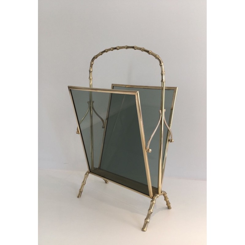 Paire Porte-Revues Faux-Bambou Bronze Verre Bleu, Maison Baguès, v. 1940