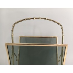 Pair of Bronze Faux-Bamboo Magazine Racks, Blue Glass, Maison Baguès, c. 1940